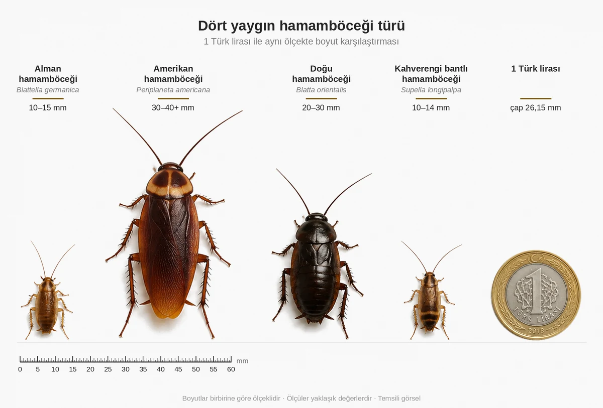 Alman, Amerikan, Doğu ve kahverengi bantlı hamamböceğinin bir Türk lirası ile aynı ölçekte boyut karşılaştırması.